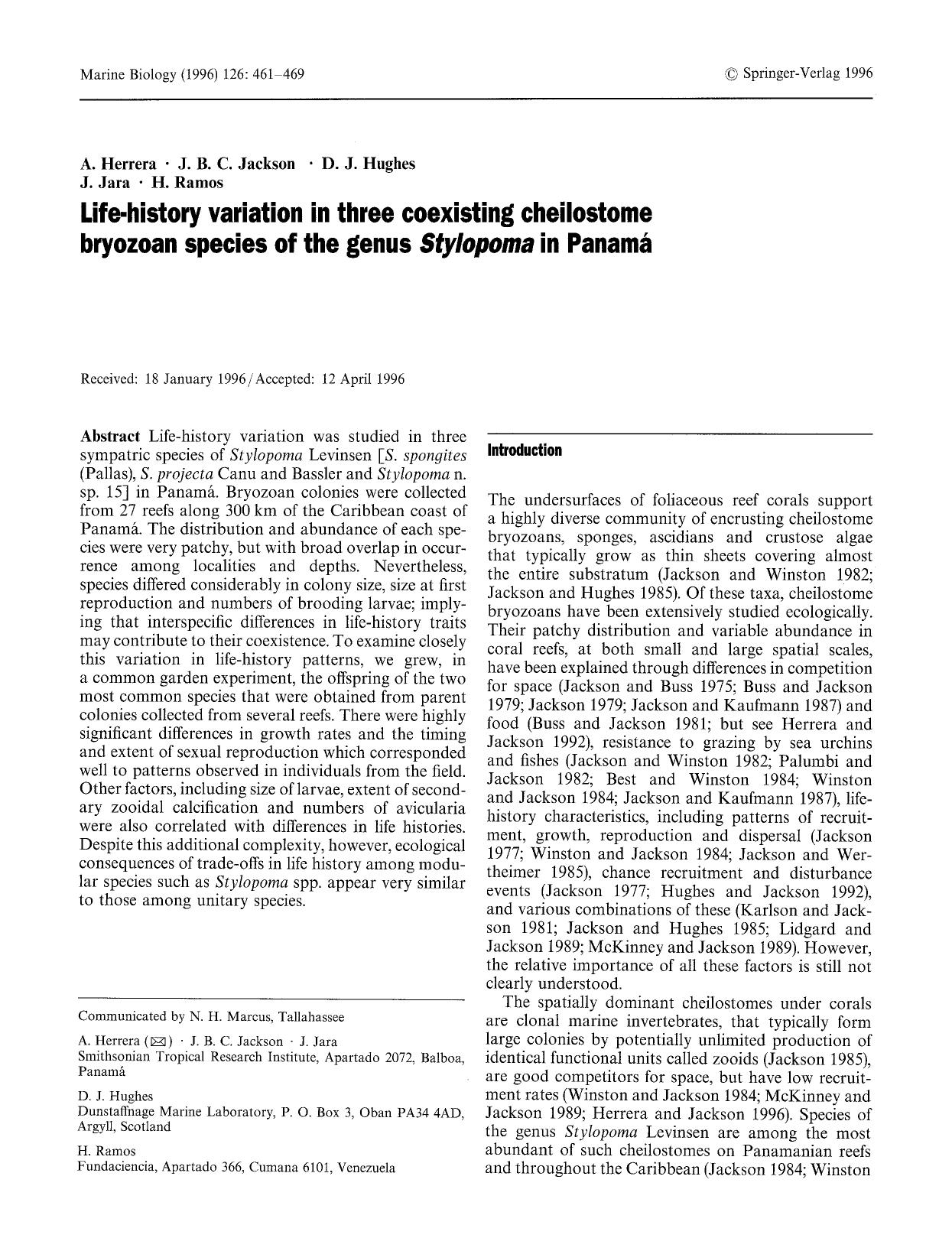 Life-history variation in three coexisting cheilostome bryozoan species of the genus <Emphasis Type="Italic">Stylopoma<Emphasis> in Panamá by Unknown