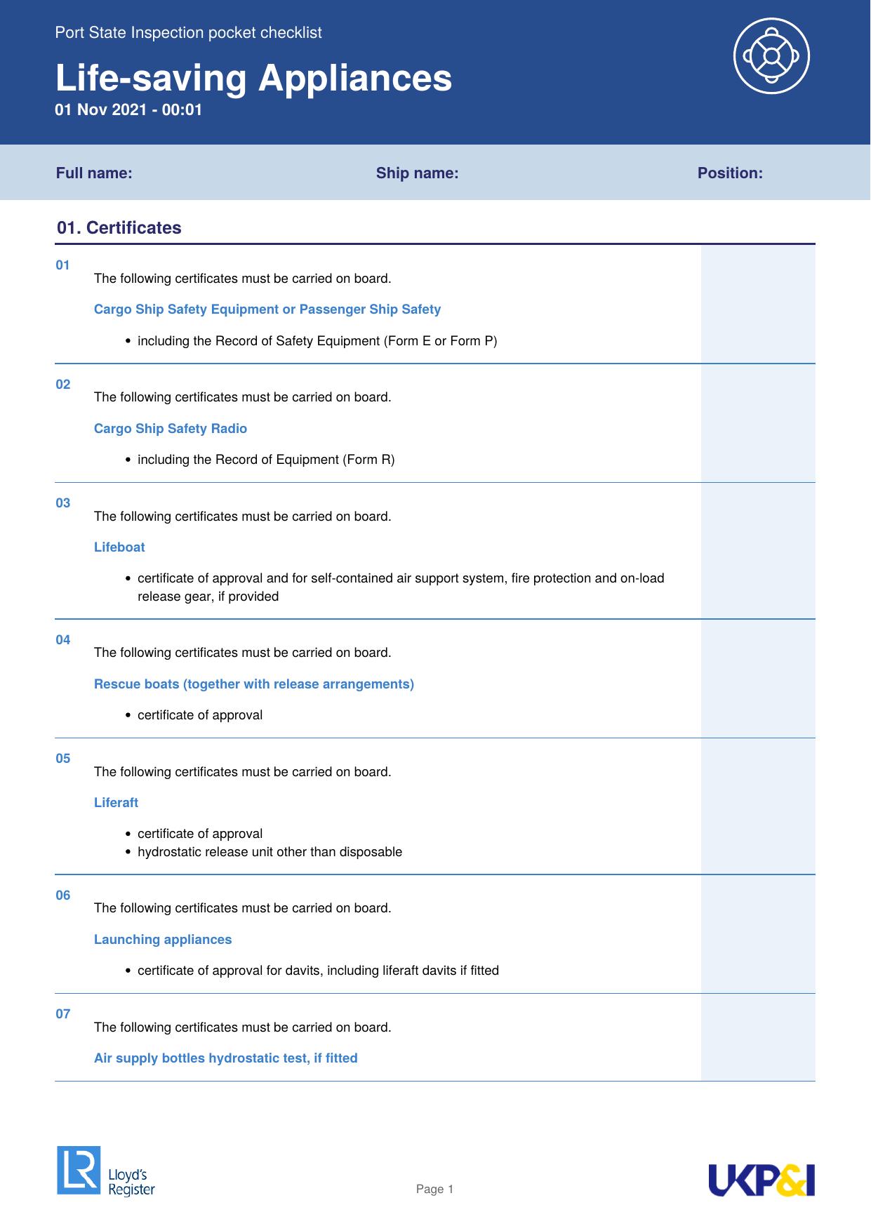Life-saving Appliances Pocket Checklist by Lloyd’s Register and UK P&&I Club