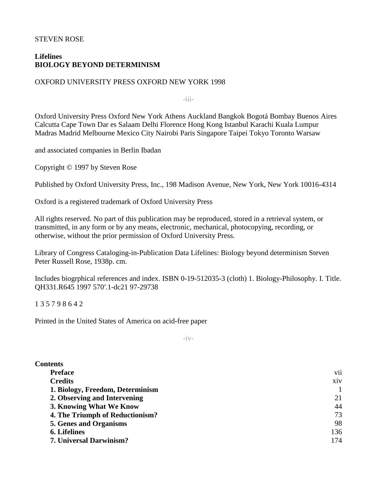 Lifelines - Biology Beyond Determinism [poor layout by Steven Rose
