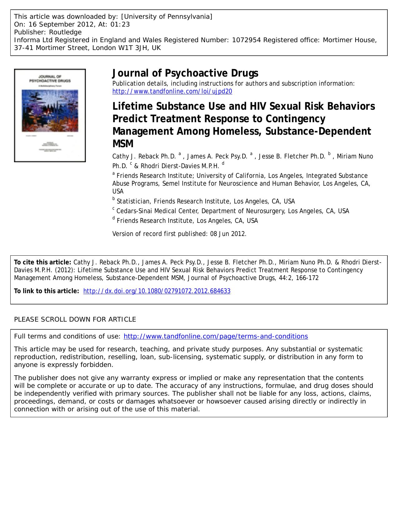Lifetime Substance Use and HIV Sexual Risk Behaviors Predict Treatment Response to Contingency Management Among Homeless, Substance-Dependent MSM by unknow