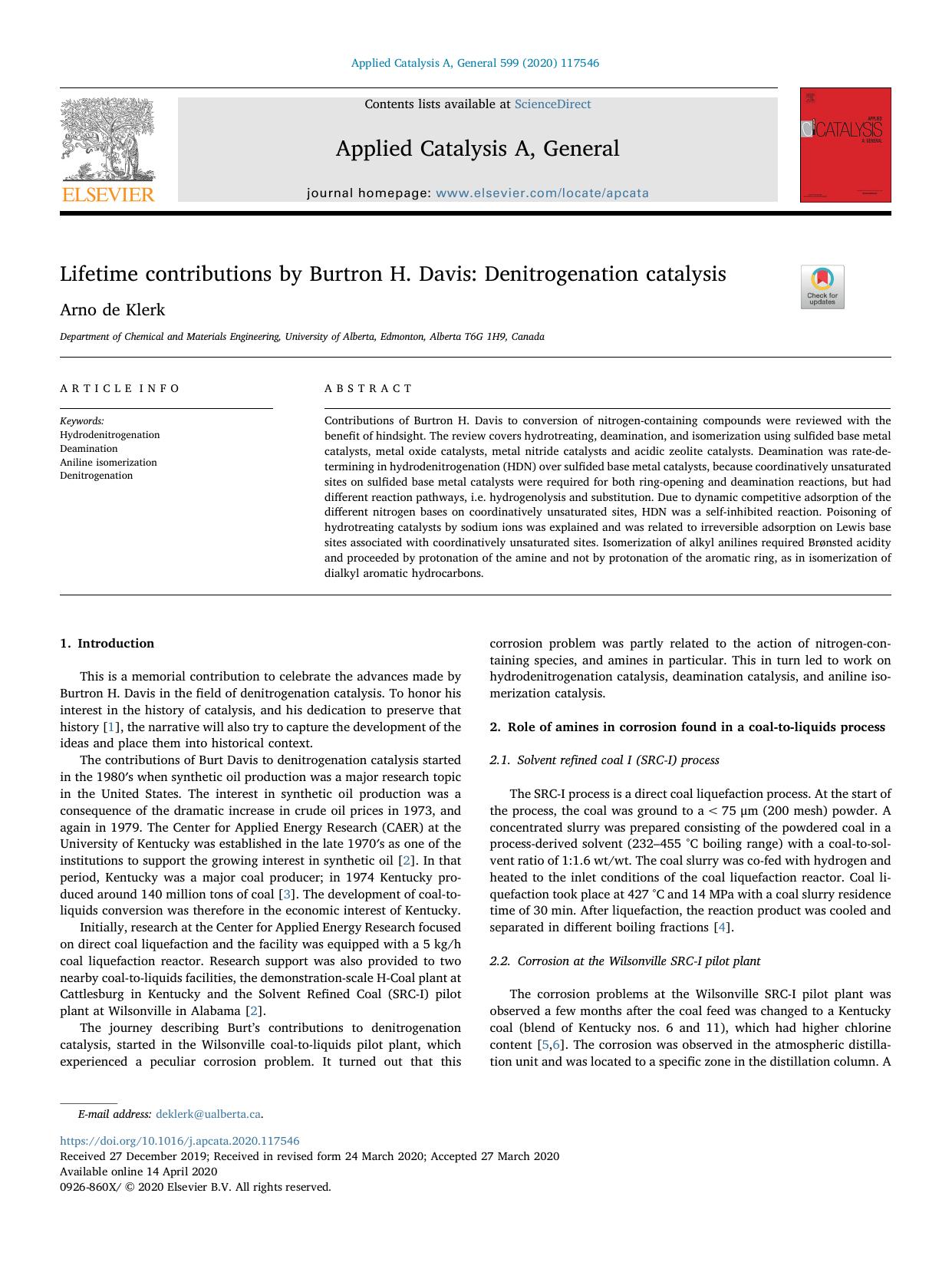 Lifetime contributions by Burtron H. Davis_ Denitrogenation catalysis by Arno de Klerk