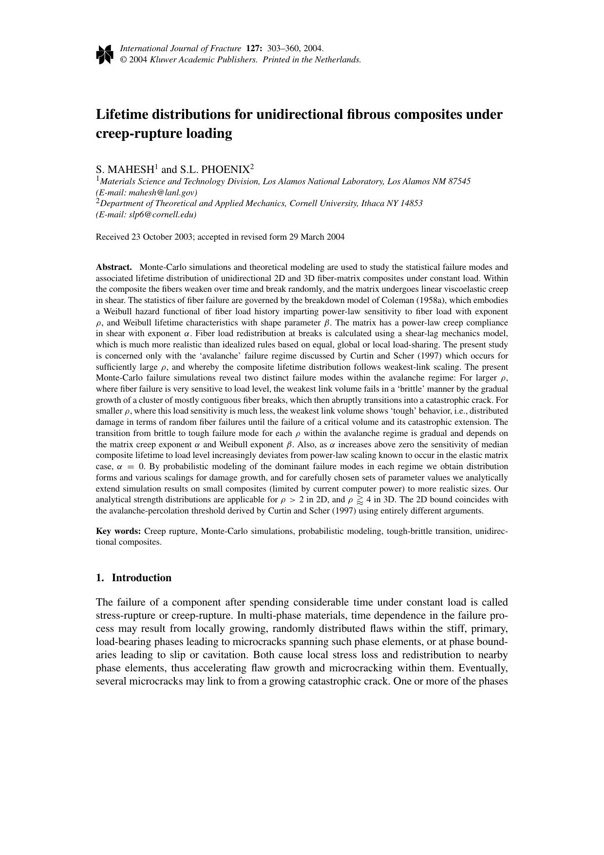 Lifetime distributions for unidirectional fibrous composites under creep-rupture loading by Unknown