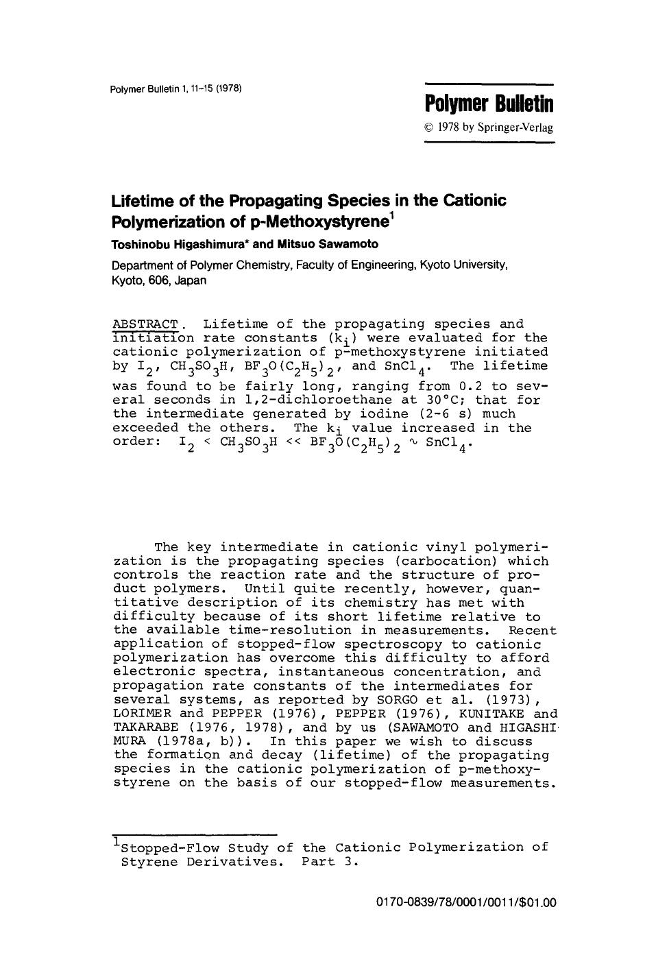 Lifetime of the propagating species in the cationic polymerization of p-methoxystyrene by Unknown