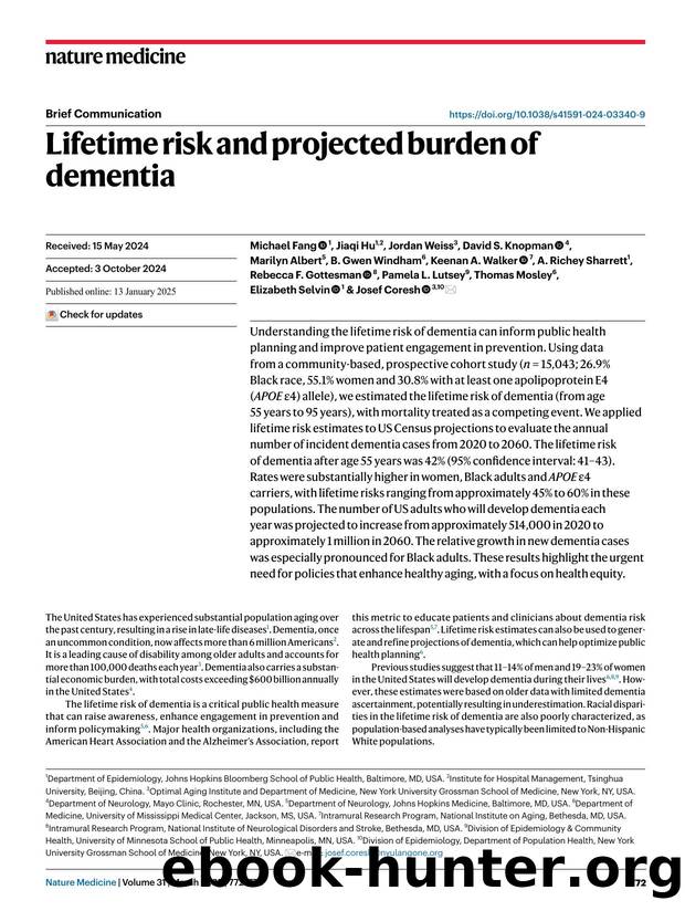 Lifetime risk and projected burden of dementia by unknow