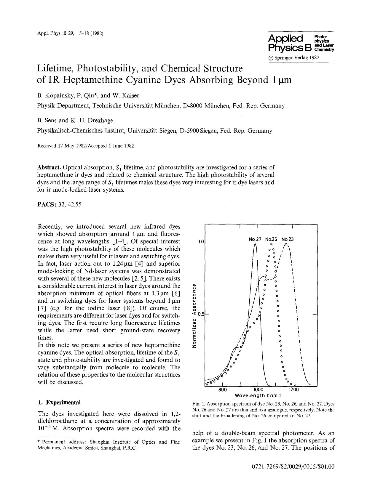 Lifetime, photostability, and chemical structure of IR heptamethine cyanine dyes absorbing beyond 1 &#x03BC;m by Unknown
