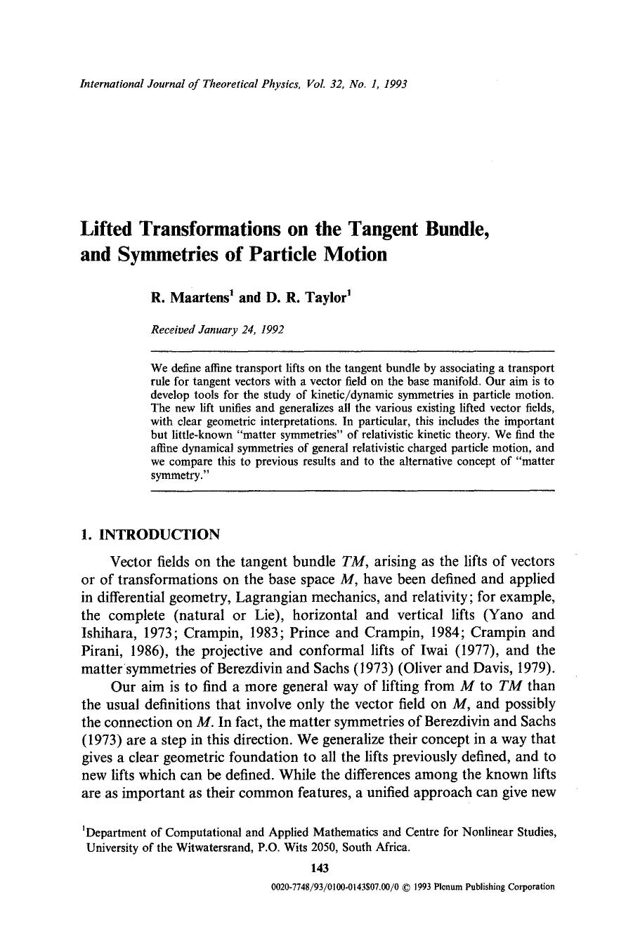 Lifted transformations on the tangent bundle, and symmetries of particle motion by Unknown