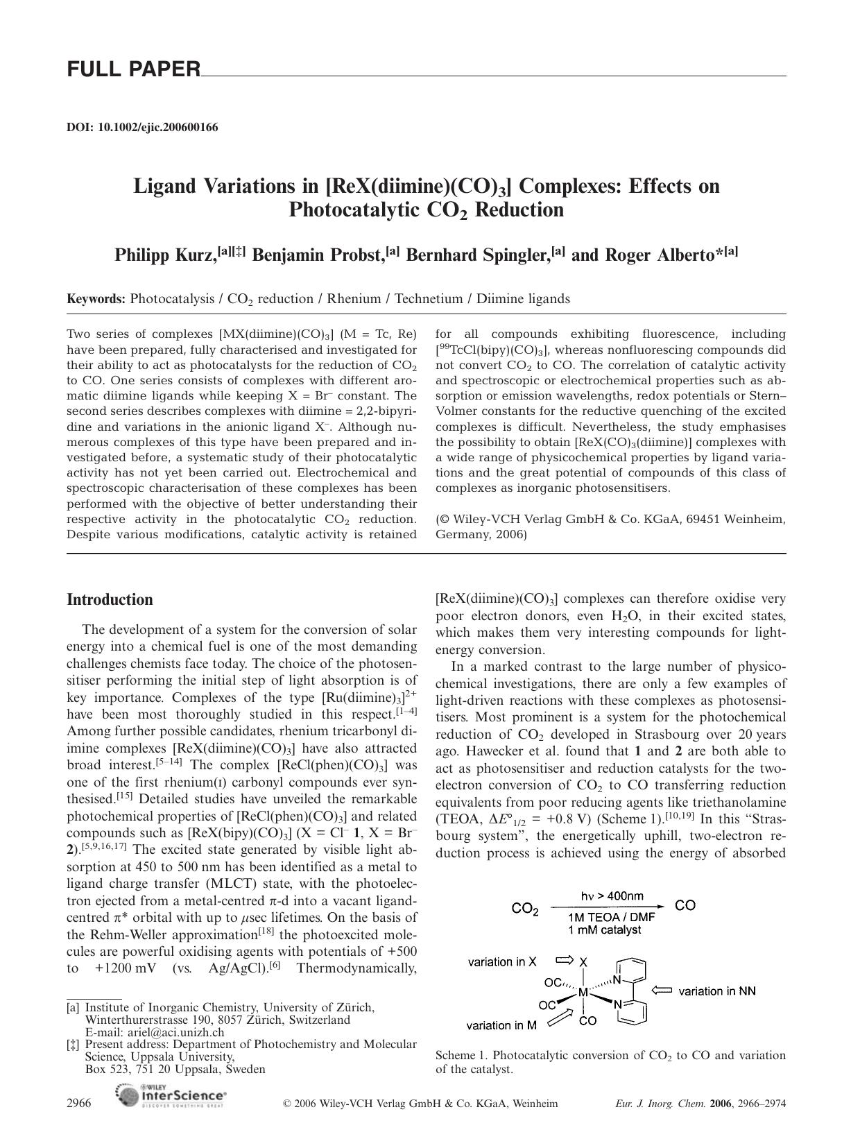 Ligand Variations in [ReX(diimine)(CO)3] Complexes: Effects on Photocatalytic CO2 Reduction by Unknown