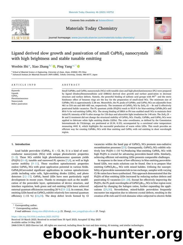 Ligand derived slow growth and passivation of small CsPbX3 nanocrystals with high brightness and stable tunable emitting by Wenbin Shi & Xiao Zhang & Ping Yang
