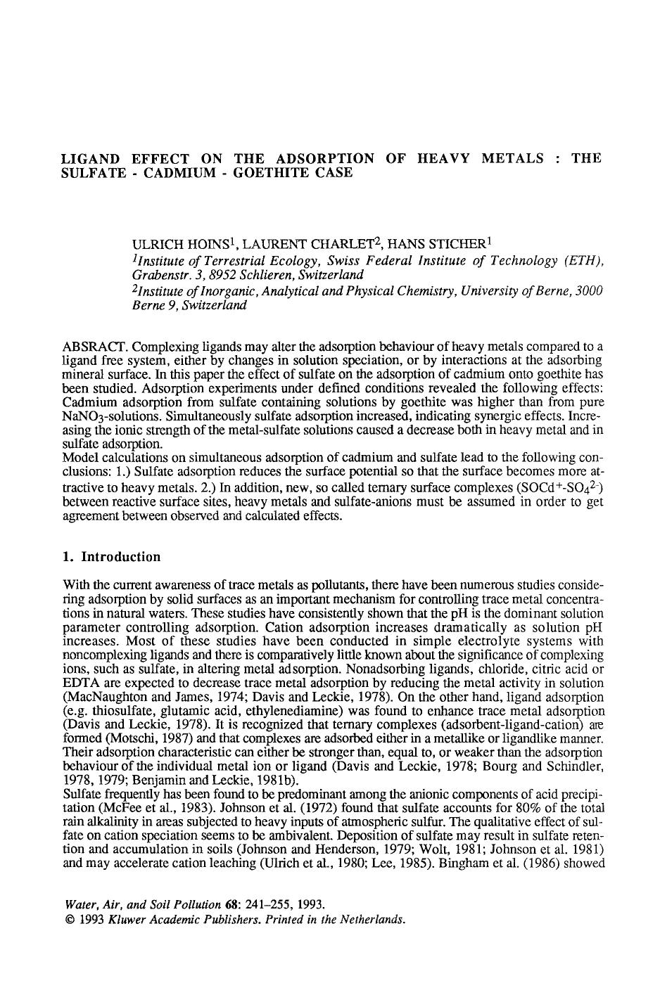 Ligand effect on the adsorption of heavy metals: The sulfate &#x2014; Cadmium &#x2014; Goethite case by Unknown