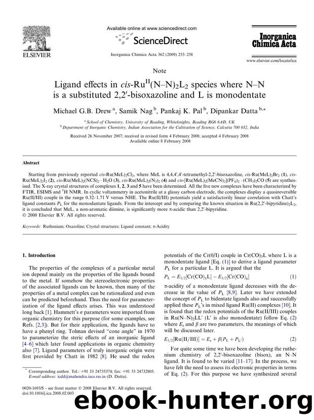Ligand effects in cis-RuII(NâN)2L2 species where NâN is a substituted 2,2â²-bisoxazoline and L is monodentate by Michael G.B. Drew; Samik Nag; Pankaj K. Pal; Dipankar Datta