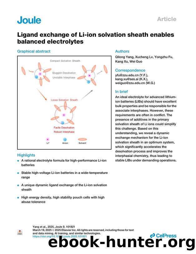 Ligand exchange of Li-ion solvation sheath enables balanced electrolytes by Qilong Yang & Xucheng Lv & Yongzhu Fu & Kang Xu & Wei Guo