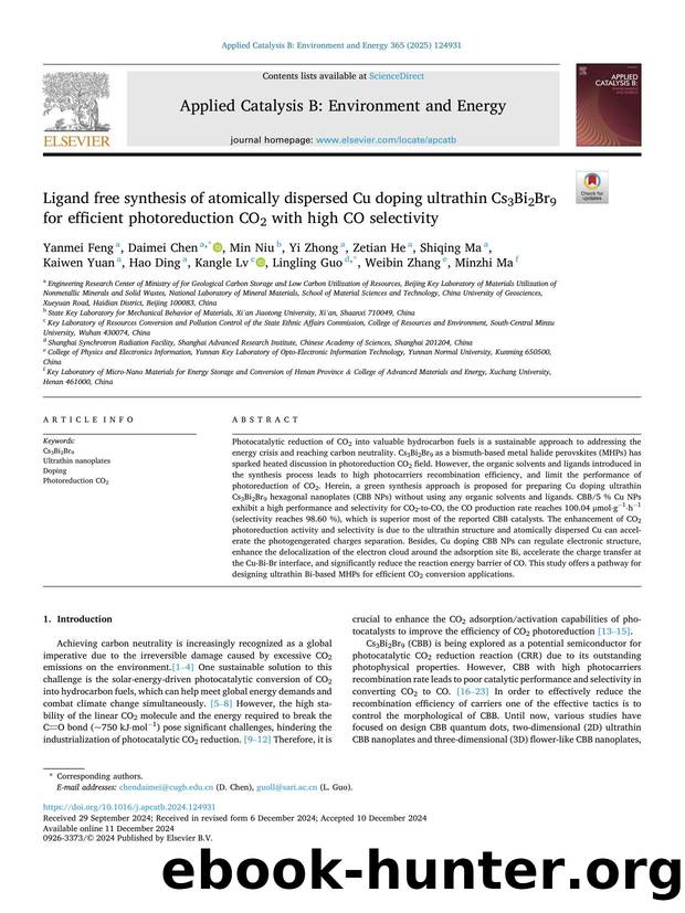 Ligand free synthesis of atomically dispersed Cu doping ultrathin Cs3Bi2Br9 for efficient photoreduction CO2 with high CO selectivity by unknow