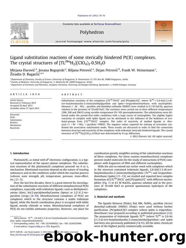 Ligand substitution reactions of some sterically hindered Pt(II) complexes. The crystal structures of [TLtBuH2](ClO4)2ÃÂ·0.5H2O by unknow