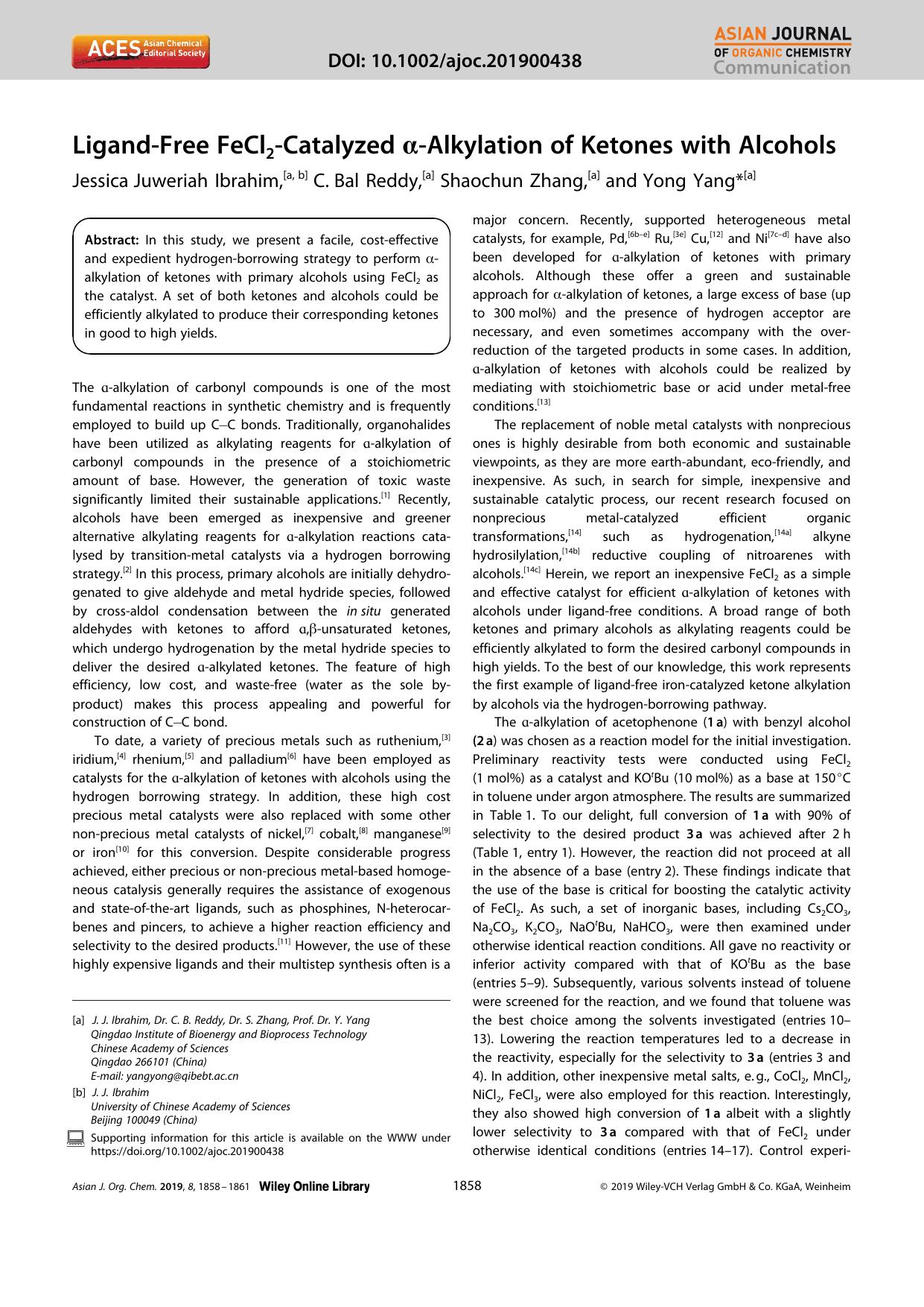 LigandâFree FeCl2âCatalyzed Î±âAlkylation of Ketones with Alcohols by Unknown