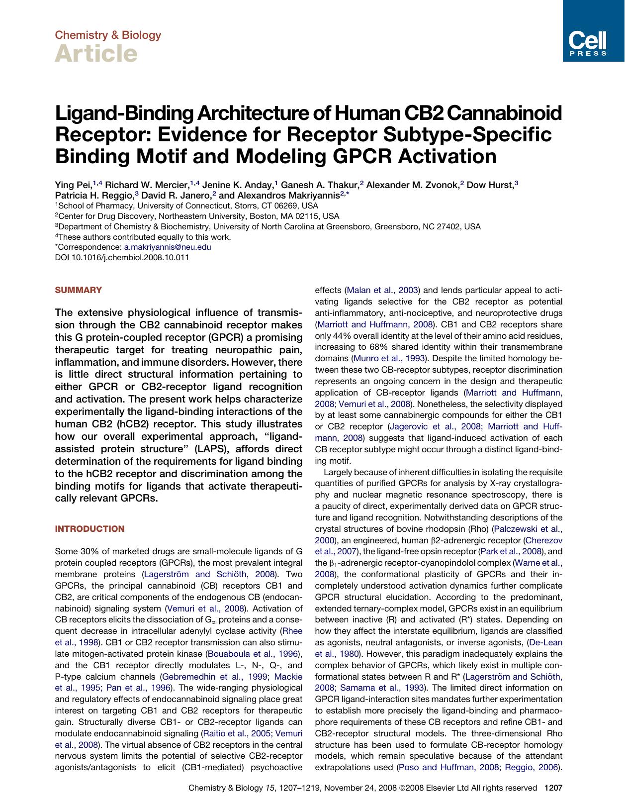 Ligand-Binding Architecture of Human CB2 Cannabinoid Receptor: Evidence for Receptor Subtype-Specific Binding Motif and Modeling GPCR Activation by unknow