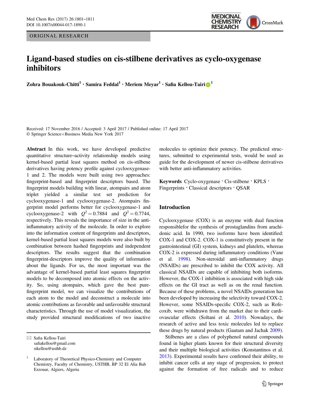 Ligand-based studies on cis-stilbene derivatives as cyclo-oxygenase inhibitors by Zohra Bouakouk-Chitti & Samira Feddal & Meriem Meyar & Safia Kellou-Tairi
