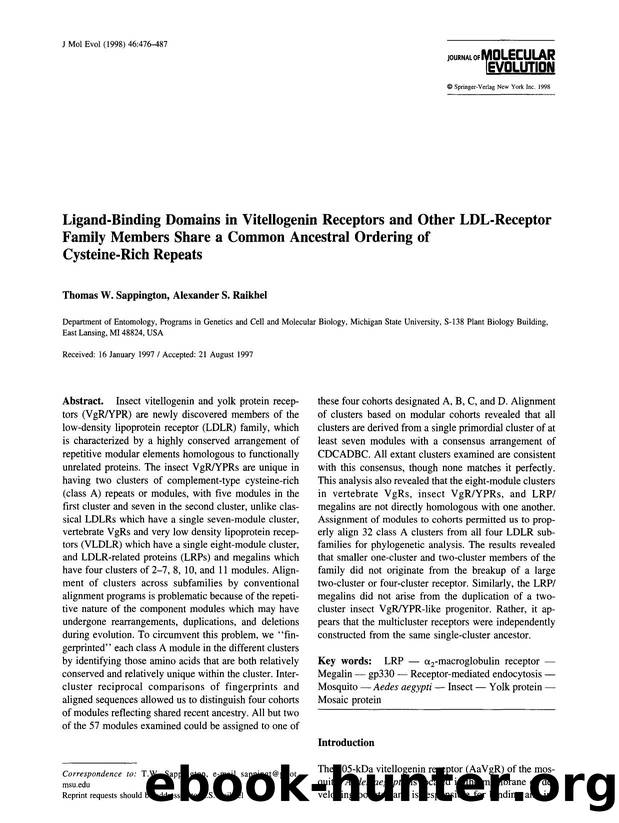 Ligand-binding domains in vitellogenin receptors and other LDL-receptor family members share a common ancestral ordering of cysteine-rich repeats by Unknown