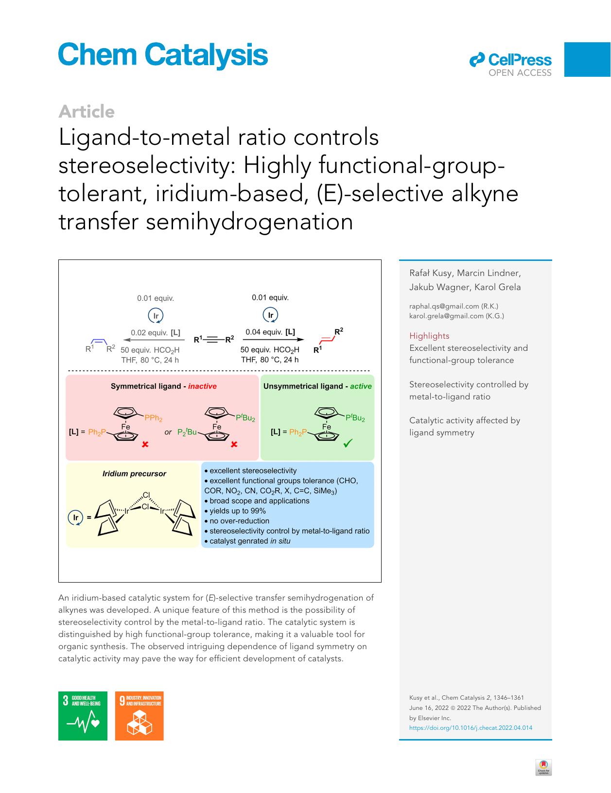 Ligand-to-metal ratio controls stereoselectivity: Highly functional-group-tolerant, iridium-based, (E)-selective alkyne transfer semihydrogenation by Rafał Kusy