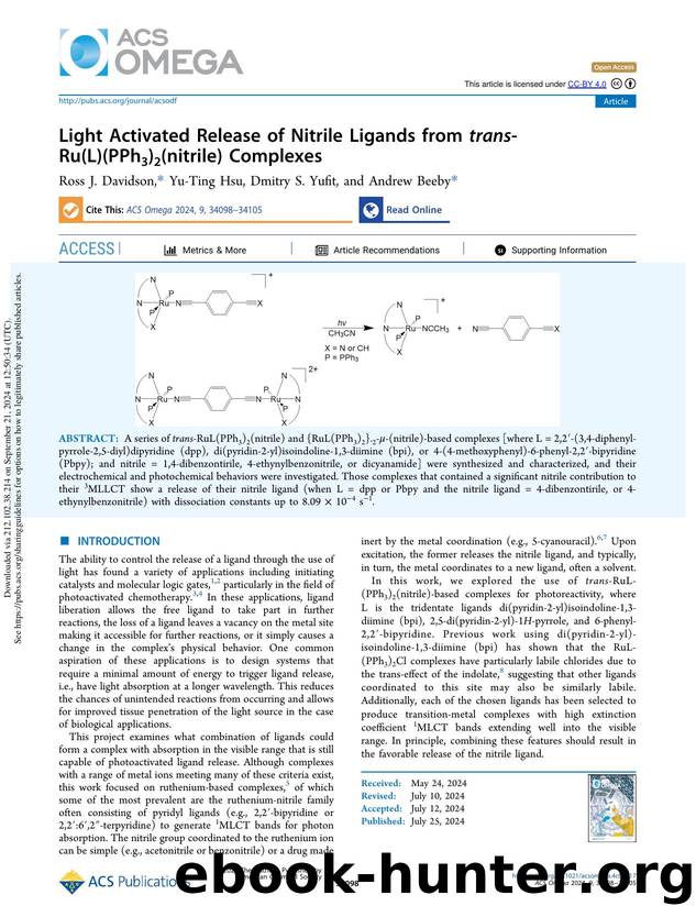 Light Activated Release of Nitrile Ligands from trans-Ru(L)(PPh3)2(nitrile) Complexes by Ross J. Davidson Yu-Ting Hsu Dmitry S. Yufit & Andrew Beeby