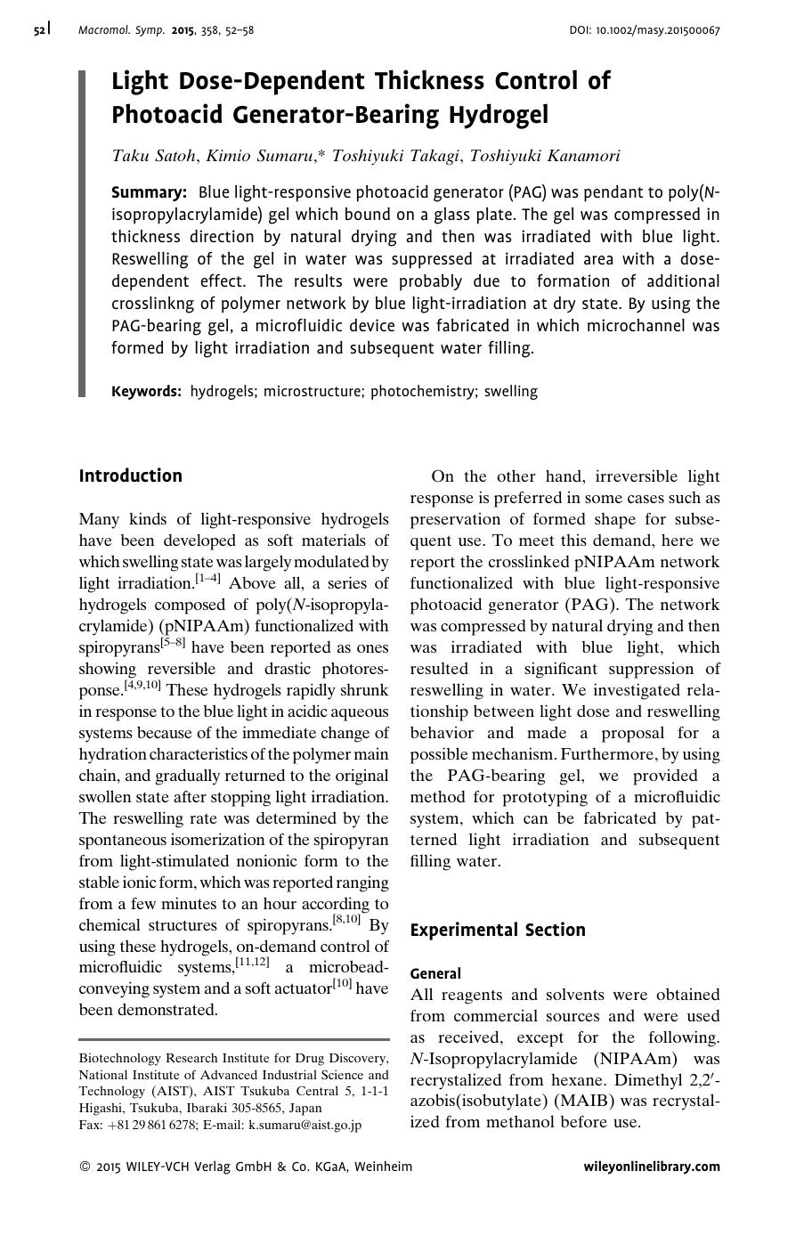 Light Dose-Dependent Thickness Control of Photoacid Generator-Bearing Hydrogel by Unknown