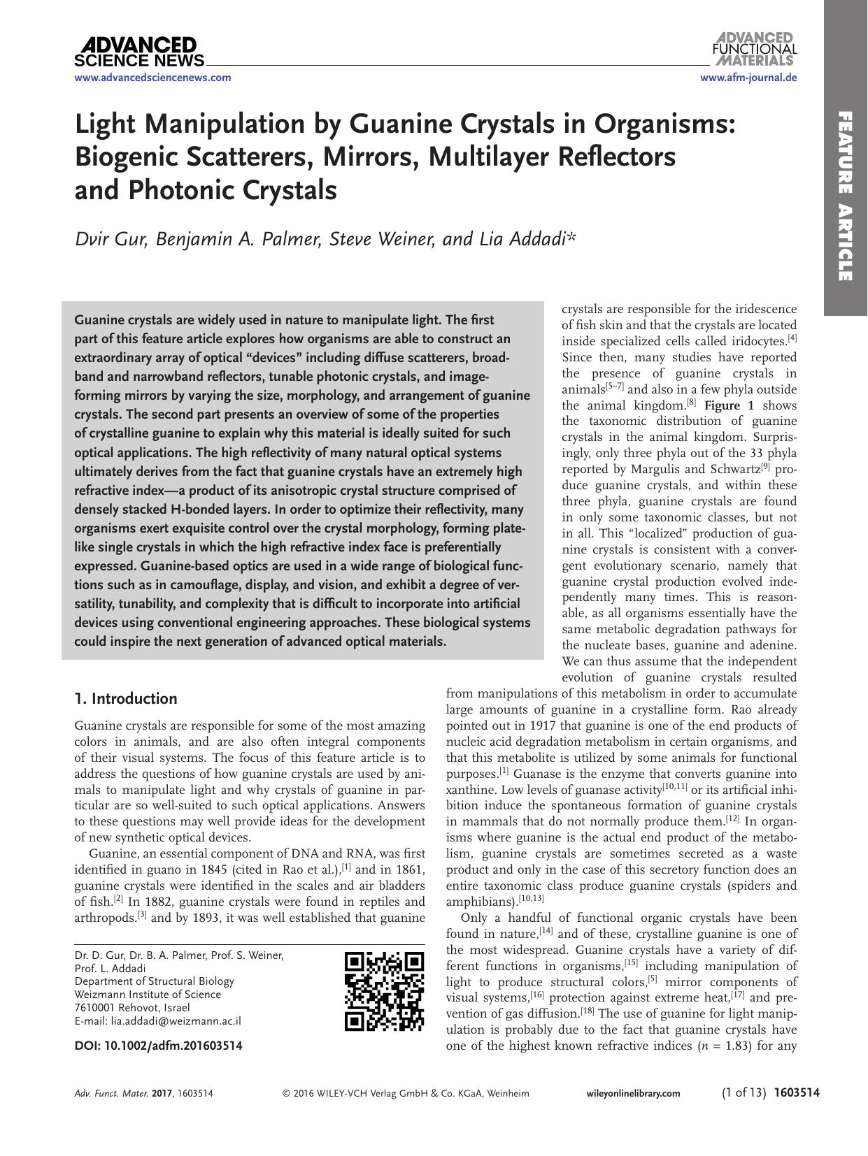 Light Manipulation by Guanine Crystals in Organisms: Biogenic Scatterers, Mirrors, Multilayer Reflectors and Photonic Crystals by Unknown