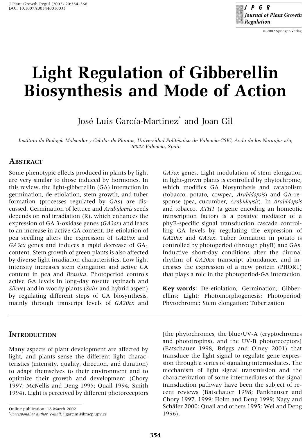 Light Regulation of Gibberellin Biosynthesis and Mode of Action by García-Martinez J.L. et al