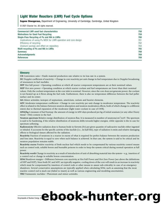 Light Water Reactors &#40;LWR&#41; Fuel Cycle Options by Eugene Shwageraus