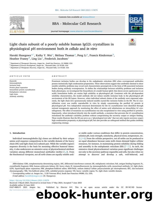Light chain subunit of a poorly soluble human IgG2Î» crystallizes in physiological pH environment both in cellulo and in vitro by unknow
