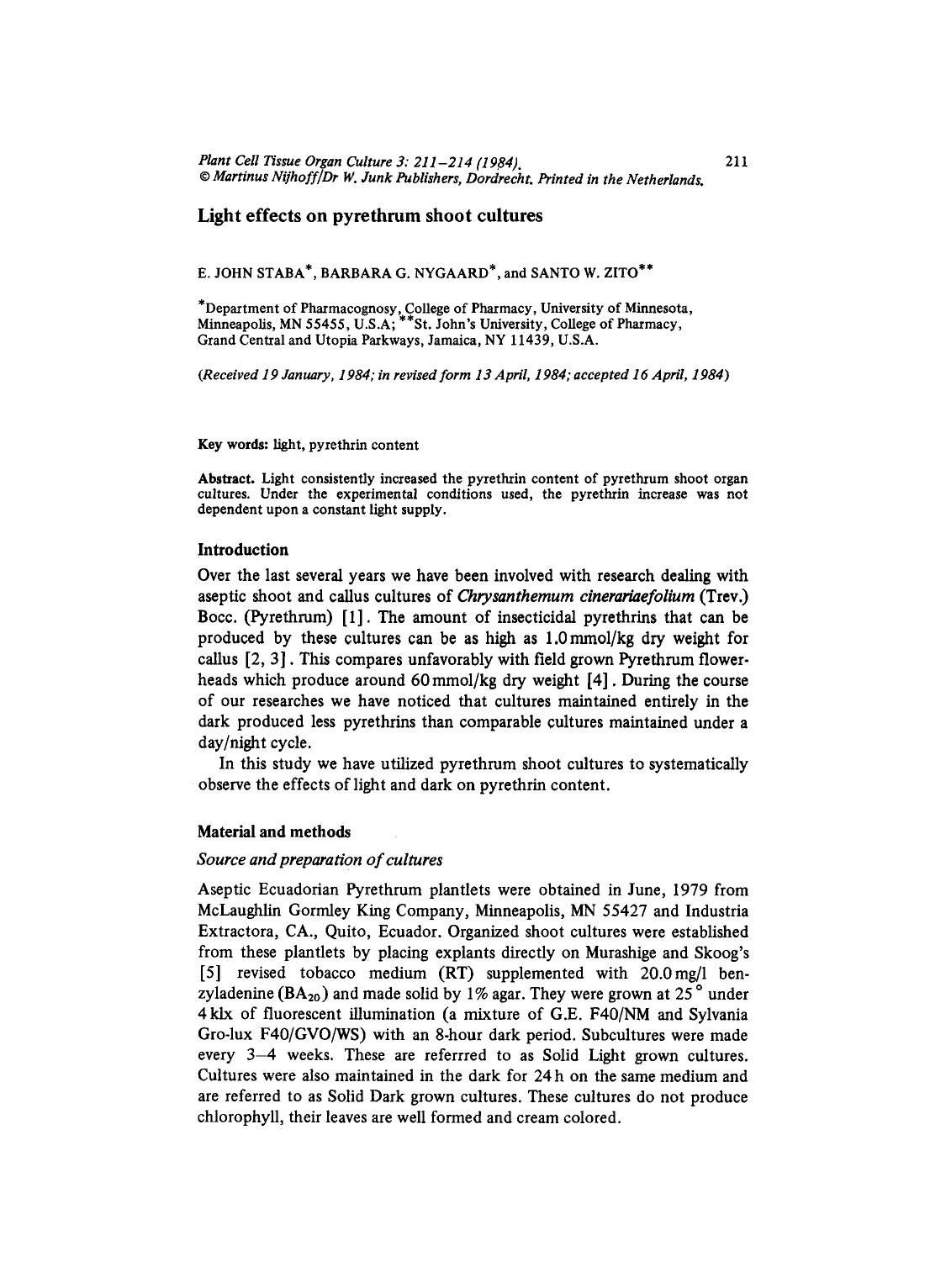 Light effects on pyrethrum shoot cultures by Unknown