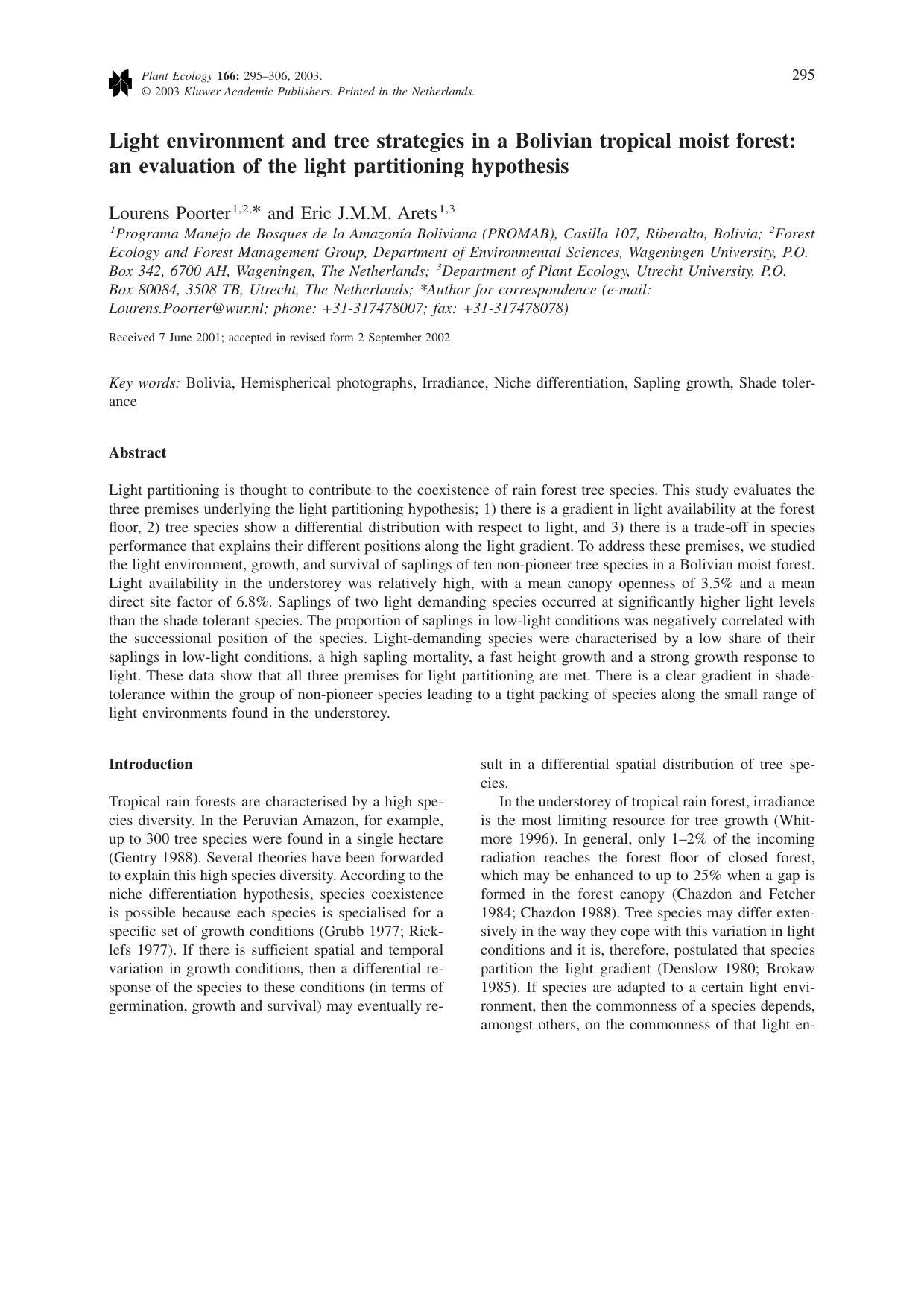 Light environment and tree strategies in a Bolivian tropical moist forest: an evaluation of the light partitioning hypothesis by Unknown