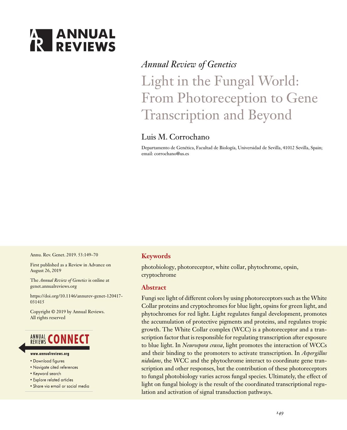 Light in the Fungal World: From Photoreception to Gene Transcription and Beyond by Luis M. Corrochano