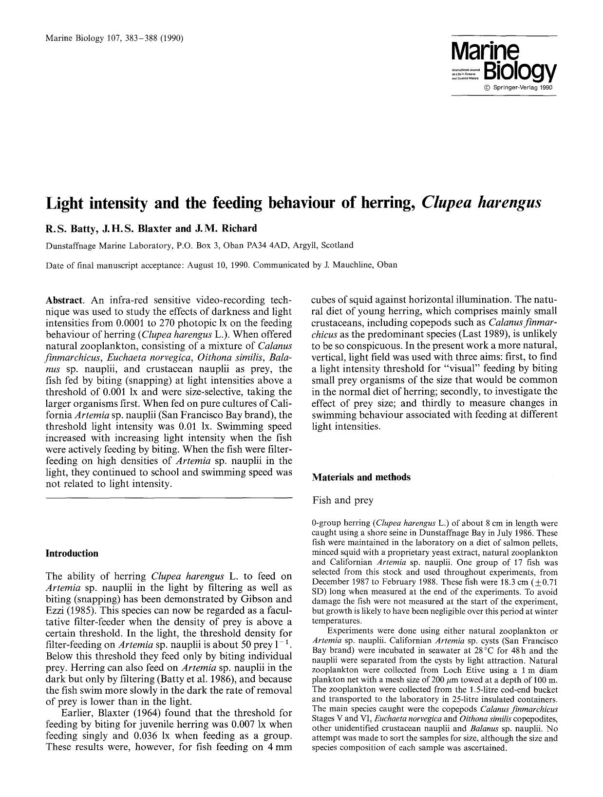 Light intensity and the feeding behaviour of herring, <Emphasis Type="Italic">Clupea harengus <Emphasis> by Unknown