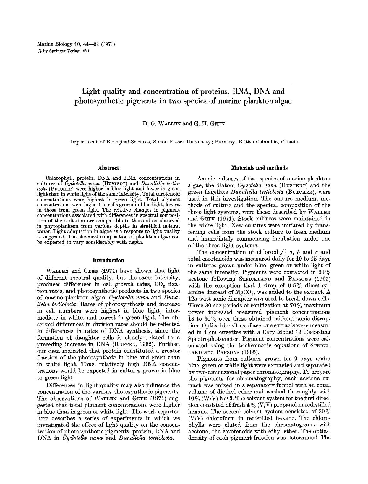 Light quality and concentration of proteins, RNA, DNA and photosynthetic pigments in two species of marine plankton algae by Unknown