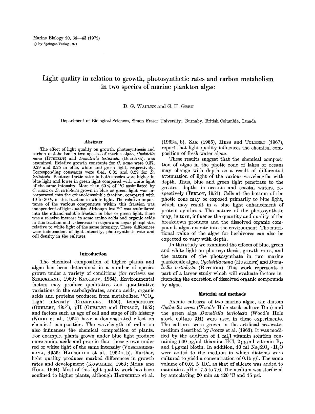 Light quality in relation to growth, photosynthetic rates and carbon metabolism in two species of marine plankton algae by Unknown