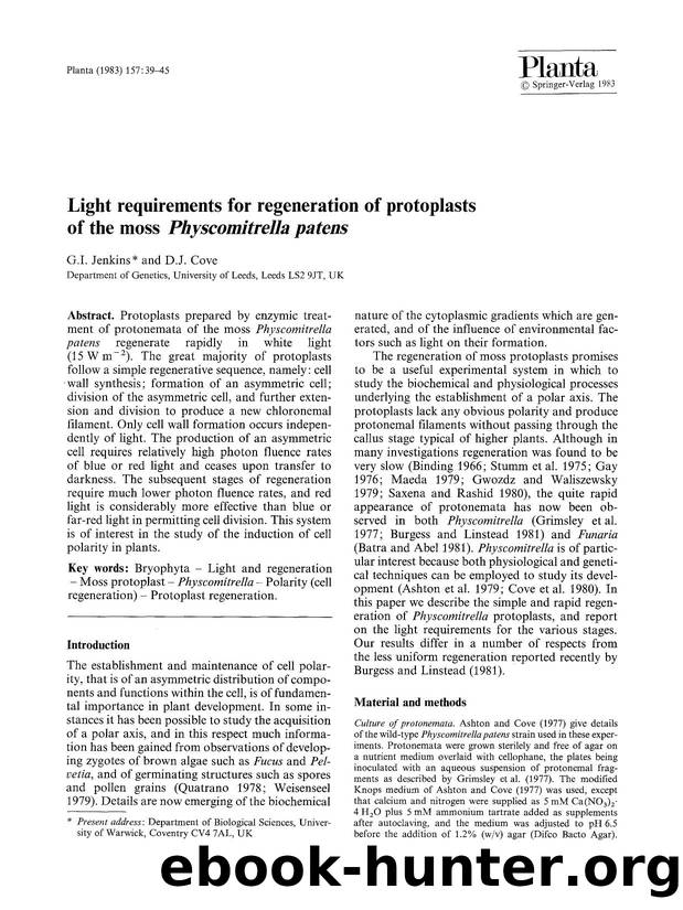 Light requirements for regeneration of protoplasts of the moss <Emphasis Type="Italic">Physcomitrella patens<Emphasis> by Unknown