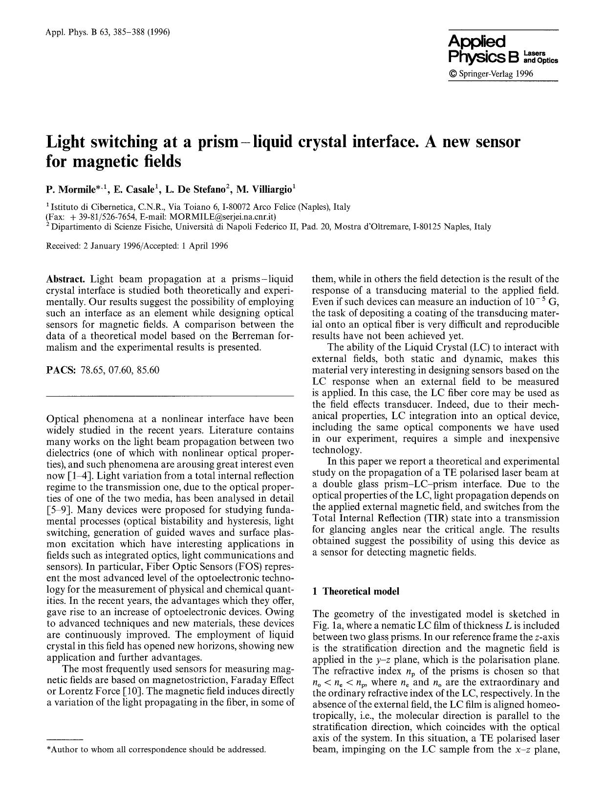 Light switching at a prism-liquid crystal interface. A new sensor for magnetic fields by Unknown