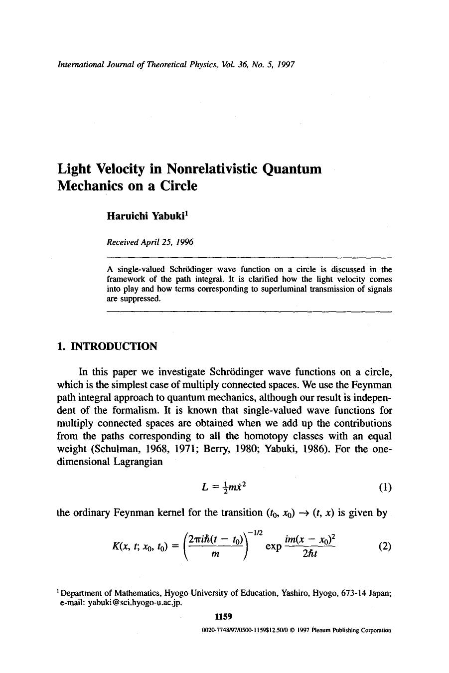 Light velocity in nonrelativistic quantum mechanics on a circle by Unknown