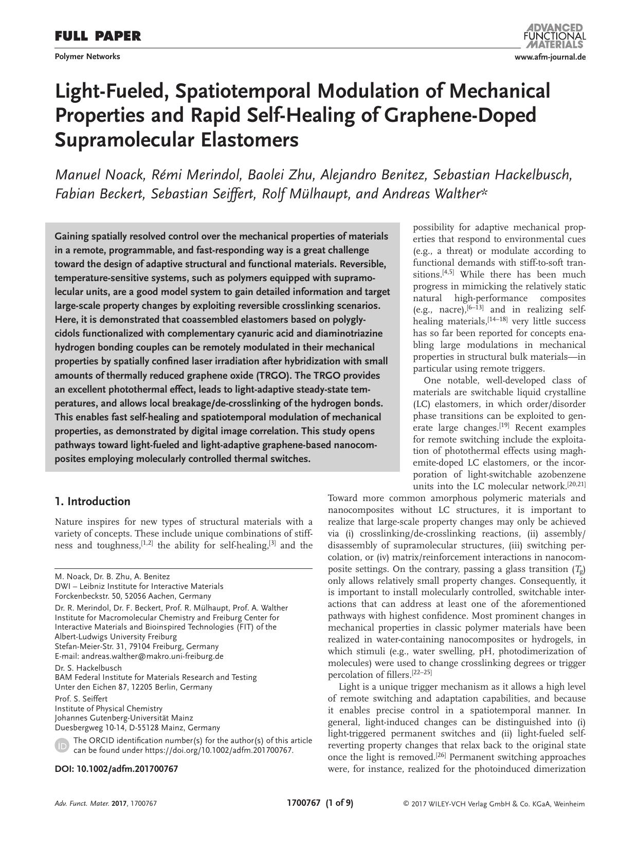 Light‐Fueled, Spatiotemporal Modulation of Mechanical Properties and Rapid Self‐Healing of Graphene‐Doped Supramolecular Elastomers by Unknown