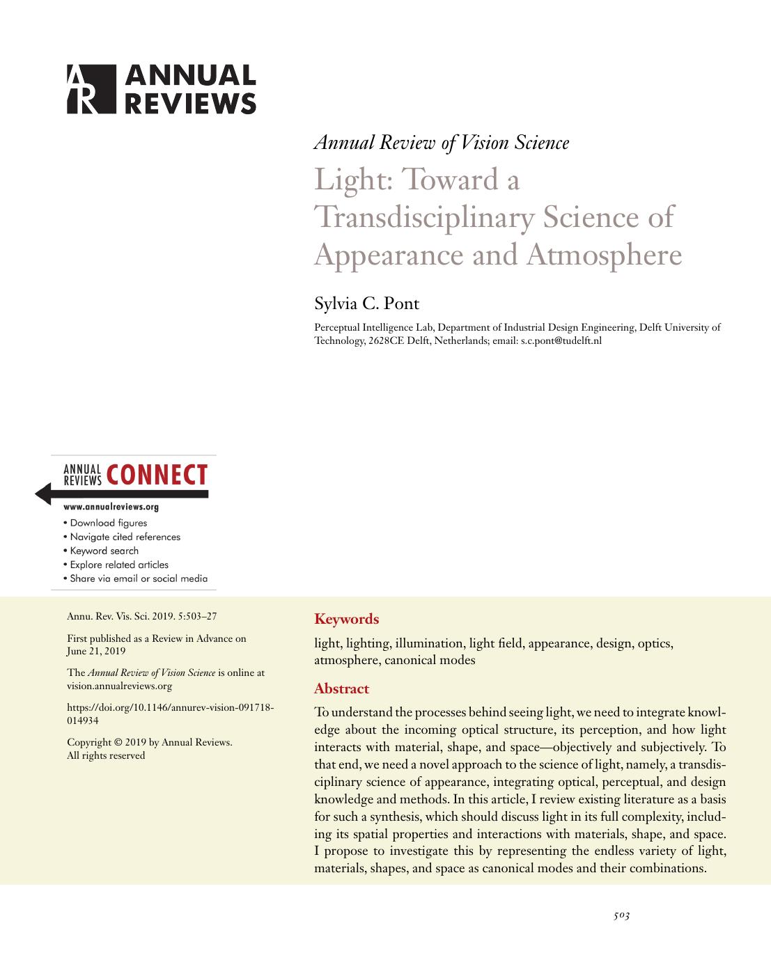 Light: Toward a Transdisciplinary Science of Appearance and Atmosphere by Sylvia C. Pont