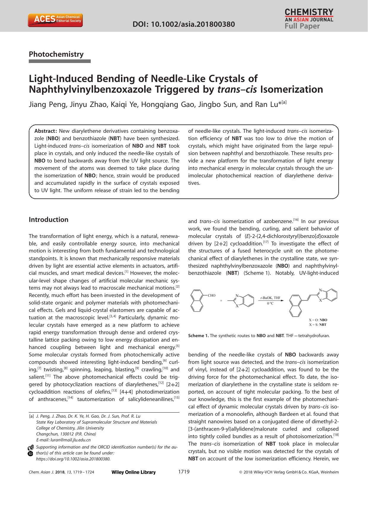 LightâInduced Bending of NeedleâLike Crystals of Naphthylvinylbenzoxazole Triggered by transâcis Isomerization by Unknown