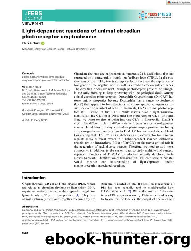 Lightâdependent reactions of animal circadian photoreceptor cryptochrome by Unknown