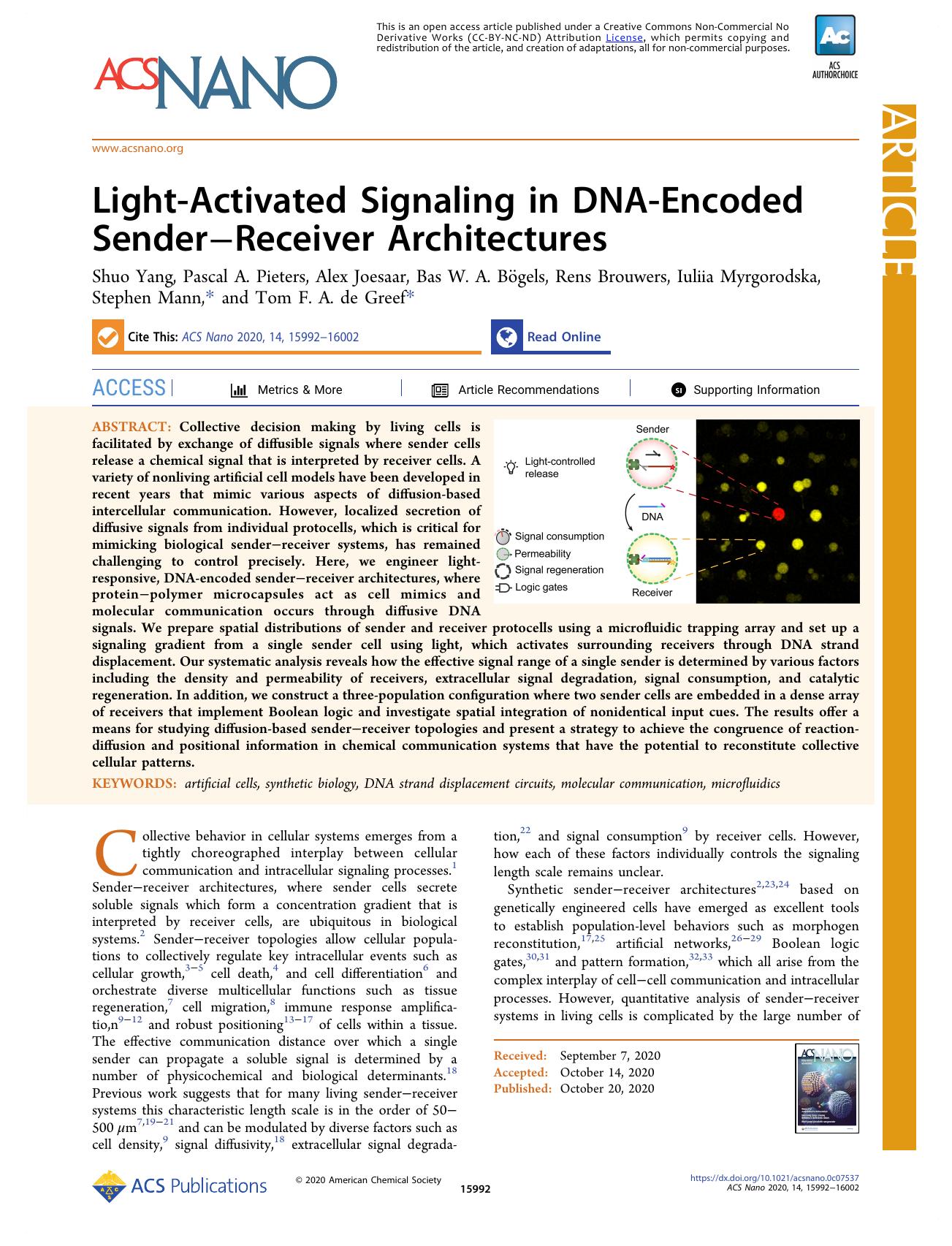 Light-Activated Signaling in DNA-Encoded SenderâReceiver Architectures by unknow