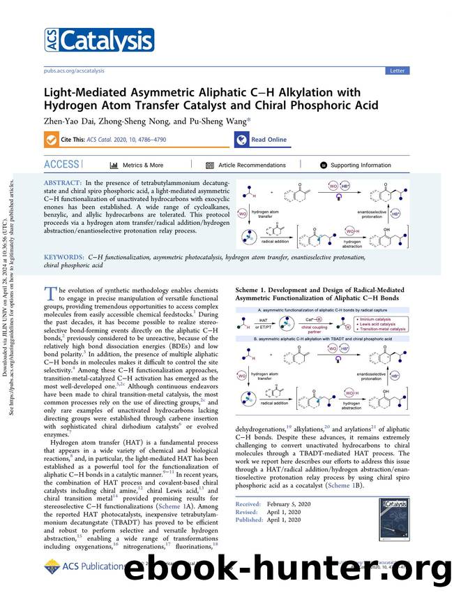 Light-Mediated Asymmetric Aliphatic CâH Alkylation with Hydrogen Atom Transfer Catalyst and Chiral Phosphoric Acid by Zhen-Yao Dai Zhong-Sheng Nong & Pu-Sheng Wang