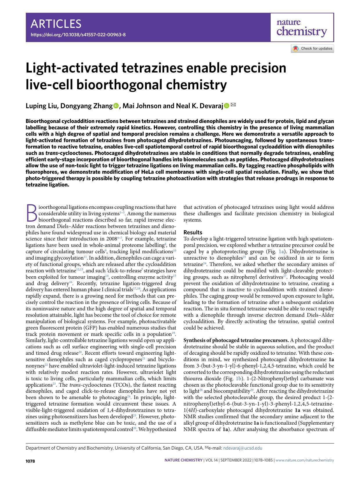 Light-activated tetrazines enable precision live-cell bioorthogonal chemistry by Luping Liu & Dongyang Zhang & Mai Johnson & Neal K. Devaraj