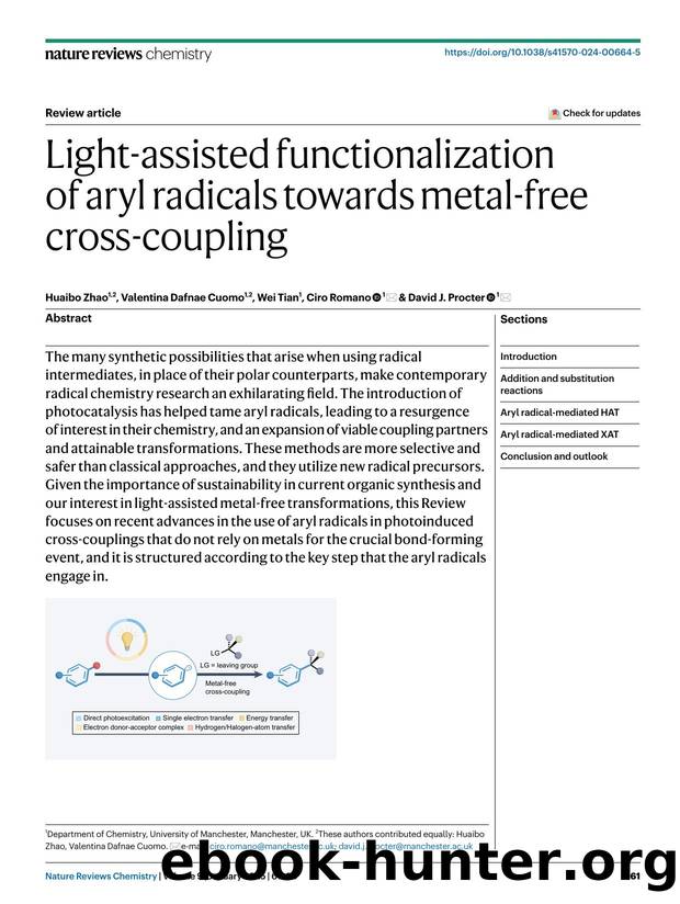 Light-assisted functionalization of aryl radicals towards metal-free cross-coupling by Huaibo Zhao & Valentina Dafnae Cuomo & Wei Tian & Ciro Romano & David J. Procter