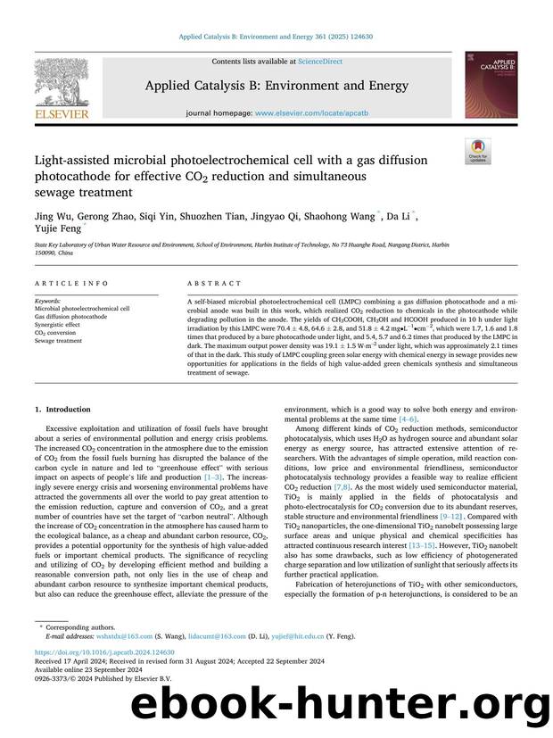 Light-assisted microbial photoelectrochemical cell with a gas diffusion photocathode for effective CO2 reduction and simultaneous sewage treatment by Jing Wu & Gerong Zhao & Siqi Yin & Shuozhen Tian & Jingyao Qi & Shaohong Wang & Da Li & Yujie Feng