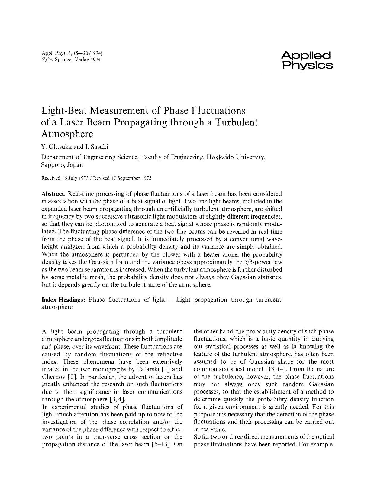 Light-beat measurement of phase fluctuations of a laser beam propagating through a turbulent atmosphere by Unknown