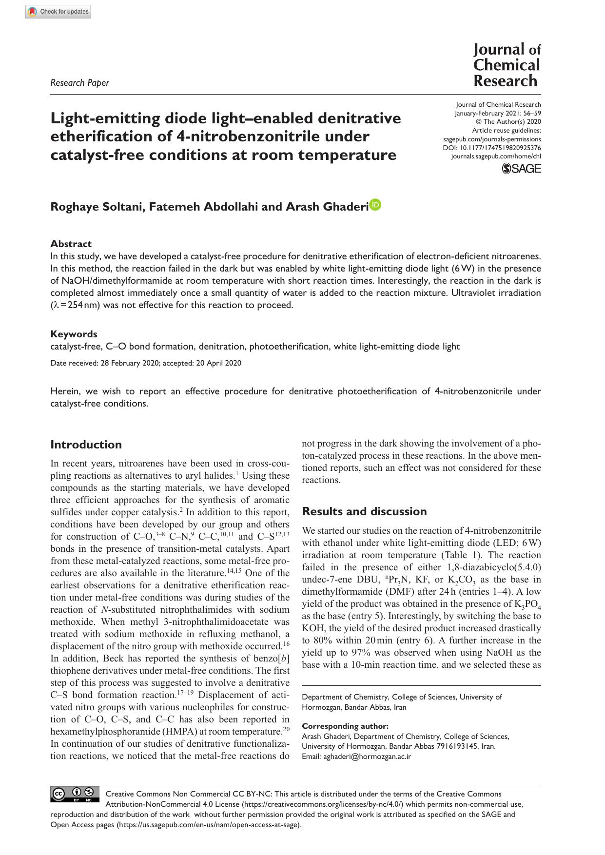 Light-emitting diode lightâenabled denitrative etherification of 4-nitrobenzonitrile under catalyst-free conditions at room temperature by Roghaye Soltani Fatemeh Abdollahi & Arash Ghaderi