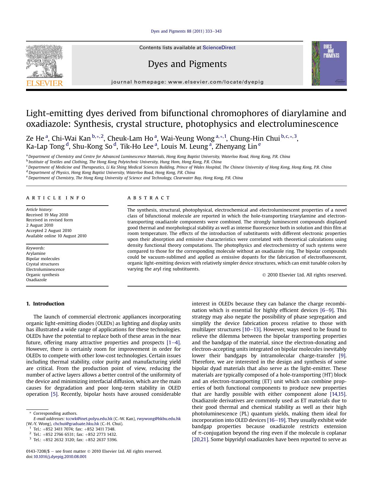Light-emitting dyes derived from bifunctional chromophores of diarylamine and oxadiazole: Synthesis, crystal structure, photophysics and electroluminescence by unknow