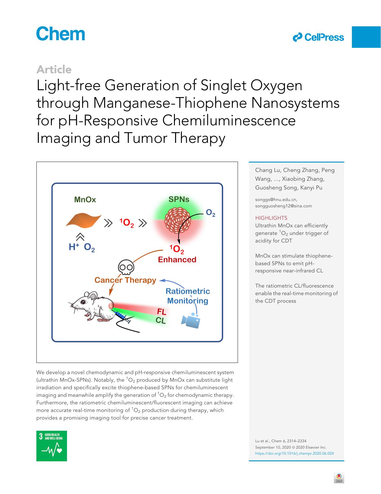 Light-free Generation of Singlet Oxygen through Manganese-Thiophene Nanosystems for pH-Responsive Chemiluminescence Imaging and Tumor Therapy by unknow